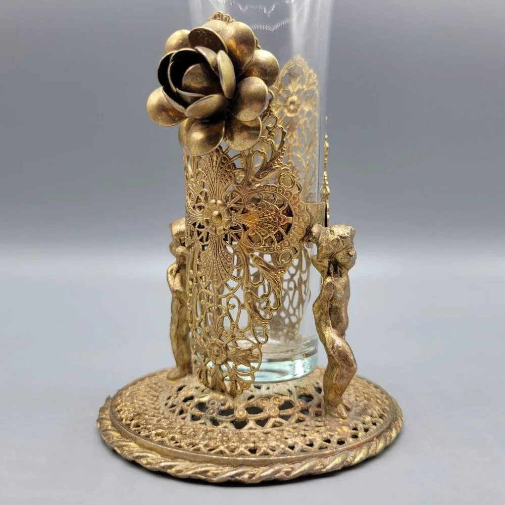 Antique Vintage Gold Brass Filigree Fluted Bud Vases Cherub Figural Design - Picture 8 of 16